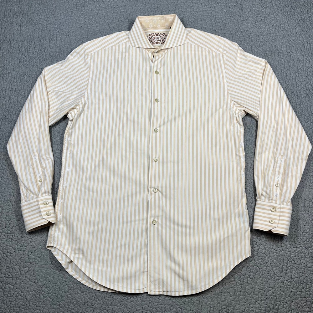 VTG Robert Graham Button Down Shirt Men M Striped Embroidered Cuff Tan Luxury